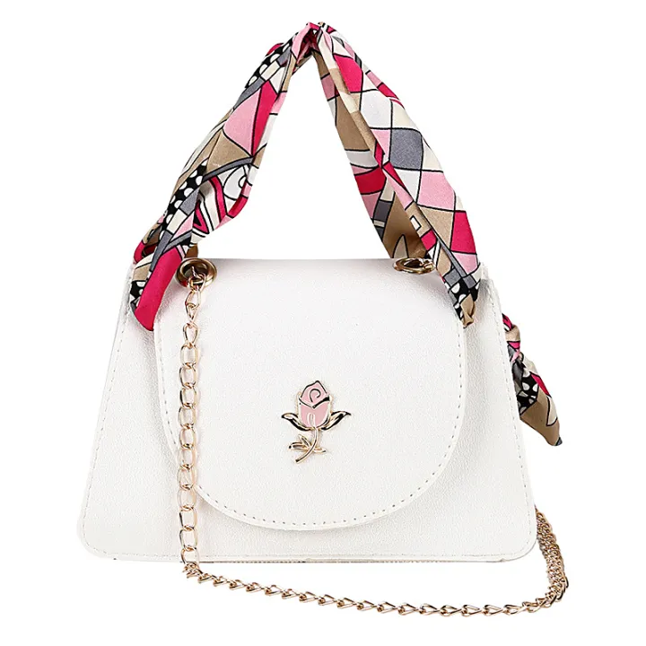 Crossbody Bag With Silk Scarf, Women Flower Decoration Chain Strap Leather Shoulder Bag