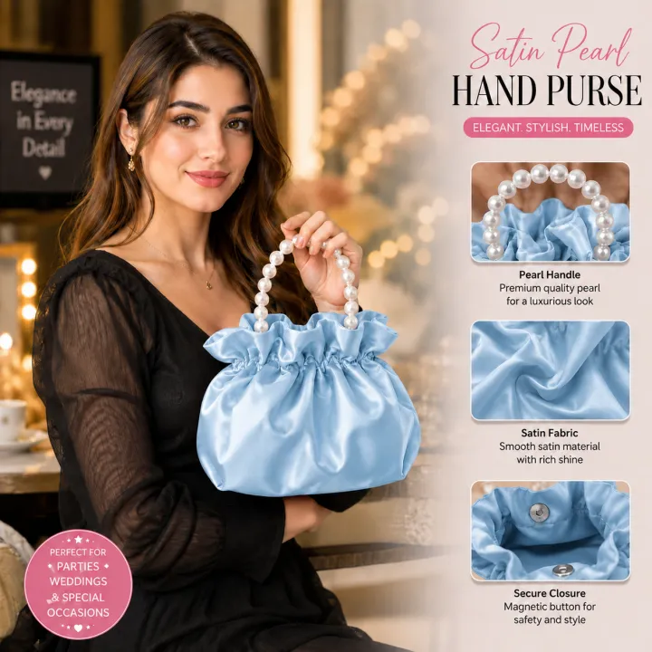 Satin Soft White Aesthetic Pearl Chain Dumpling Bag For Girl Shoulder Handbag For Girls 2026 - Sky Blue - Multicolor
