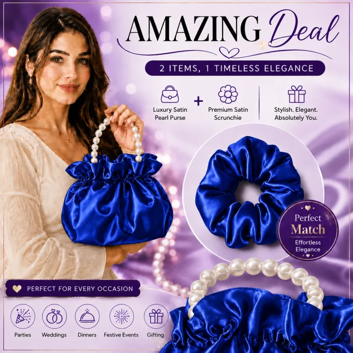 Combo Of - Satin Soft White Aesthetic Pearl Chain Dumpling Bag For Girl Shoulder Handbag For Girls 2026 Scrunchies Hairband - Blue - Multicolor